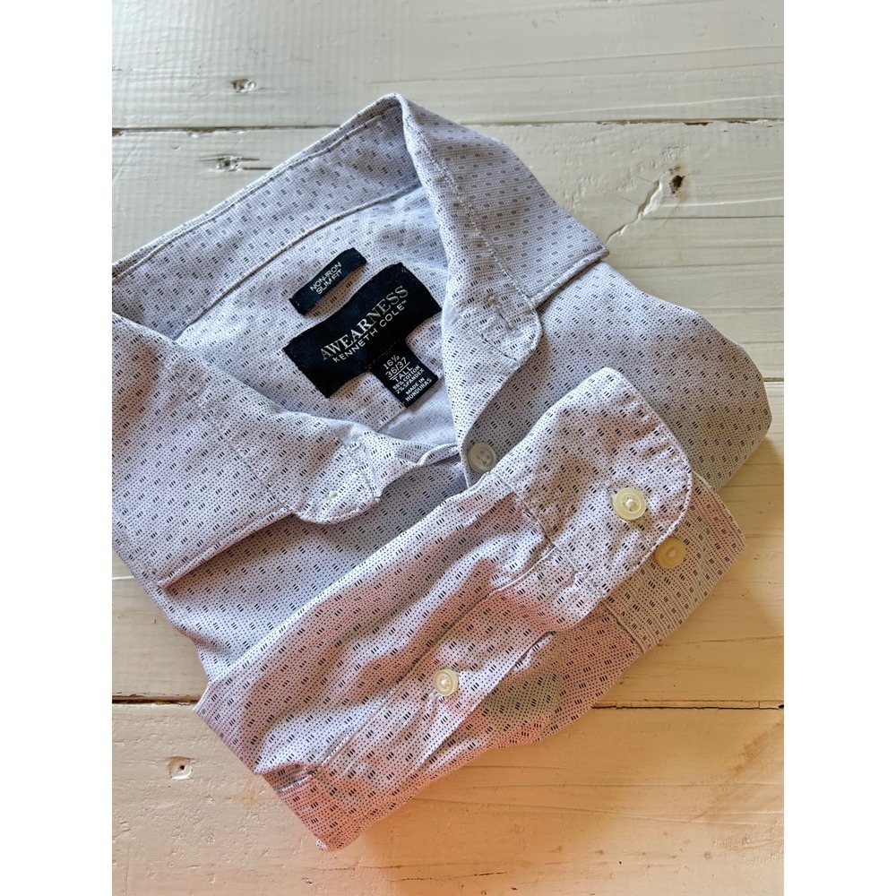 Awearness Kenneth Cole Mens Slim Fit Non-Iron Dress Shirt White Geometric 16.5 T